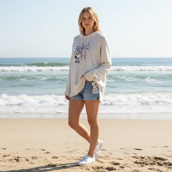 Peanuts Snoopy 4th of July Hoodie Sweater Medium Lightweight Patriotic Fireworks - Picture 2 of 7